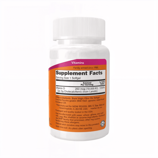 NOW Foods Vitamin D3 10.000 IE Softgels mit hochdosiertem Vitamin D3 in praktischer Softgel-Form für Immunsystem, Knochen, Zähne und Muskeln.
