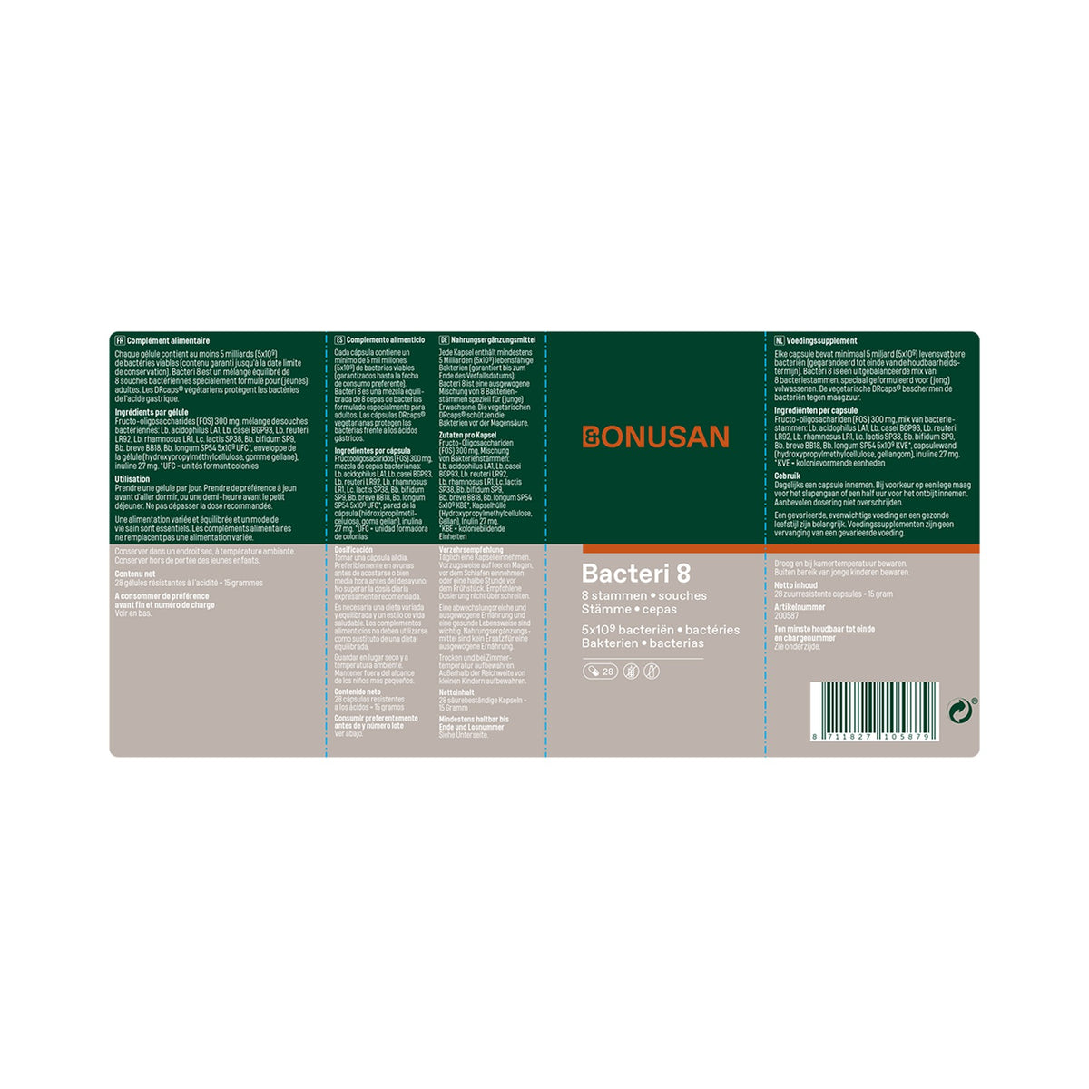 Bonusan Bacteri 8 Kapseln – 8 Bakterienstämme mit FOS & Inulin – 5 Mrd. KBE – 28 Kapseln