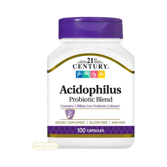 21st Century Acidophilus Probiotic Blend Kapseln Vorderansicht der Dose mit 1 Milliarde lebenden Kulturen und vier Bakterienstämmen für die Darmflora