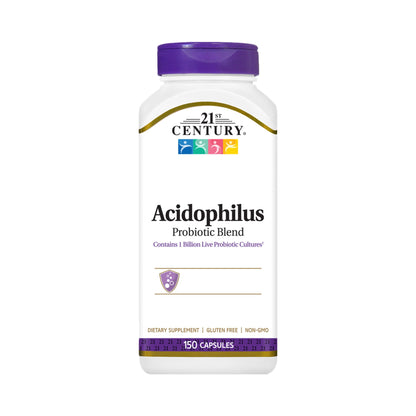 Rueckseite der 21st Century Acidophilus Probiotic Blend Dose mit Nährwerttabelle, Bakterienstämmen, Inulin und Allergenhinweis auf Milch