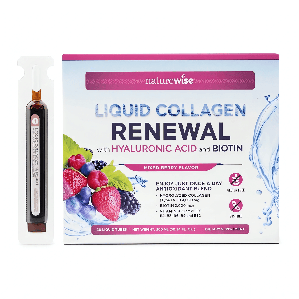 NatureWise Liquid Collagen Beauty Nahrungsergänzung mit 2000 µg Biotin, Vitamin C, Vitamin B1, Vitamin B3, Vitamin B6, Vitamin B12, Folsäure und Kollagenhydrolysat für normale Haut, Haare und Nägel.