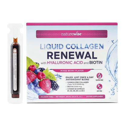 NatureWise Liquid Collagen Beauty Nahrungsergänzung mit 2000 µg Biotin, Vitamin C, Vitamin B1, Vitamin B3, Vitamin B6, Vitamin B12, Folsäure und Kollagenhydrolysat für normale Haut, Haare und Nägel.