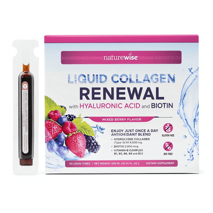 NatureWise Liquid Collagen mit 4000 mg hydrolysierten Kollagenpeptiden Typ I & III, Hyaluronsäure, Biotin, Vitamin C, flüssiges Kollagen für Haut, Haare, Nägel, Gelenke, Bindegewebe, Beauty Drink mit Beerengeschmack.