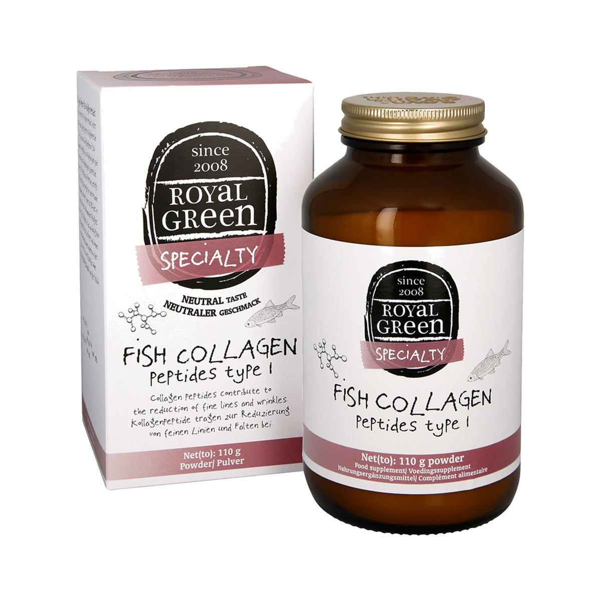 Nährwertangaben und Etikett von Green Fish Collagen Peptides mit reinem Meereskollagen Typ 1 aus nachhaltigem Wildfang.