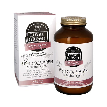 Nährwertangaben und Etikett von Green Fish Collagen Peptides mit reinem Meereskollagen Typ 1 aus nachhaltigem Wildfang.