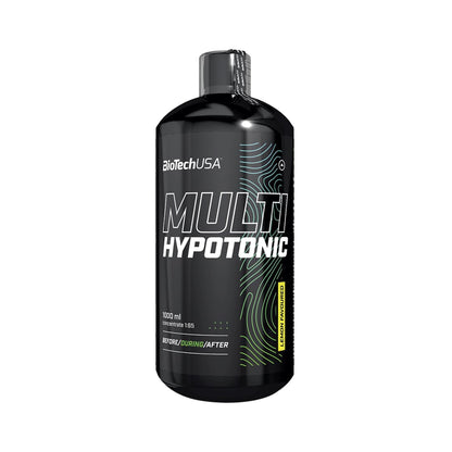 Verzehrempfehlung und Dosieranleitung auf der Rückseite der Multi Hypotonic Drink Flasche von BioTechUSA.