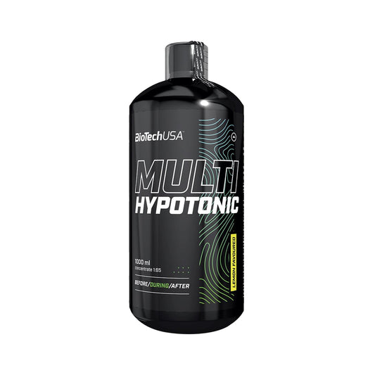 Verzehrempfehlung und Dosieranleitung auf der Rückseite der Multi Hypotonic Drink Flasche von BioTechUSA.