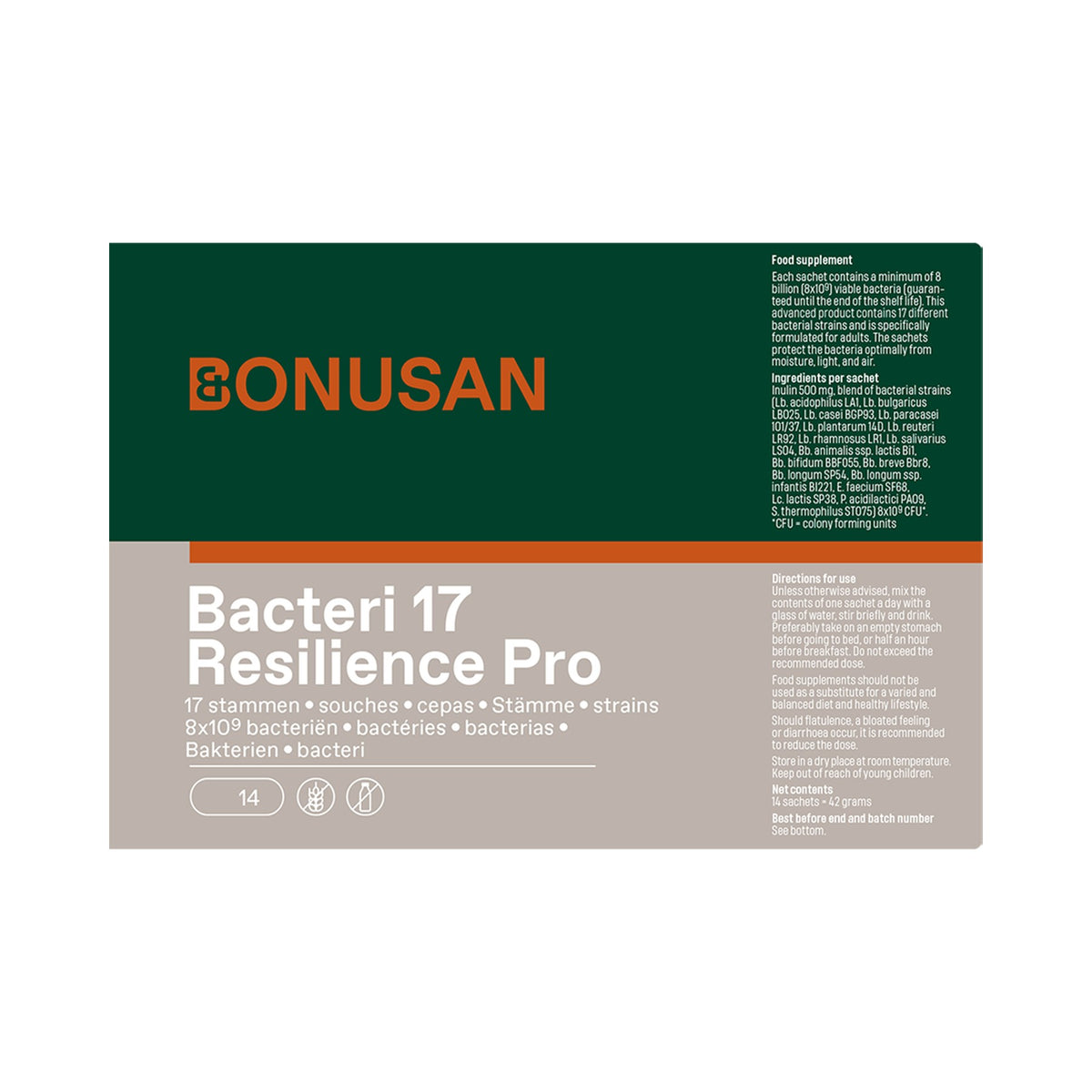 Bonusan Bacteri 17 – Probiotikum mit 17 Bakterienstämmen und Inulin, 8 x 10⁹ KBE pro Sachet, 14 / 28 Sachets