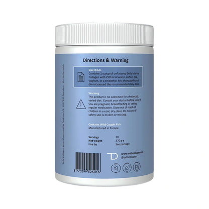 Premium SELLA Marine Collagen Pulver mit marinen Kollagenpeptiden, Hyaluronsäure, Zink sowie Vitamin-B-Komplex für die tägliche Ergänzung einer ausgewogenen Ernährung.